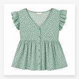 Blouse Short Sleeve Button Front Floral Green Whit