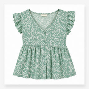Blouse Short Sleeve Button Front Floral Green Whit