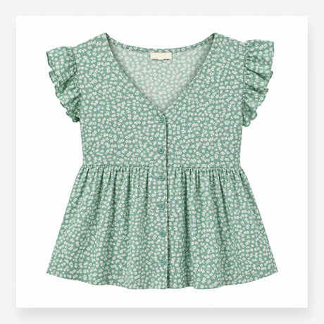 Blouse Short Sleeve Button Front Floral Green Whit