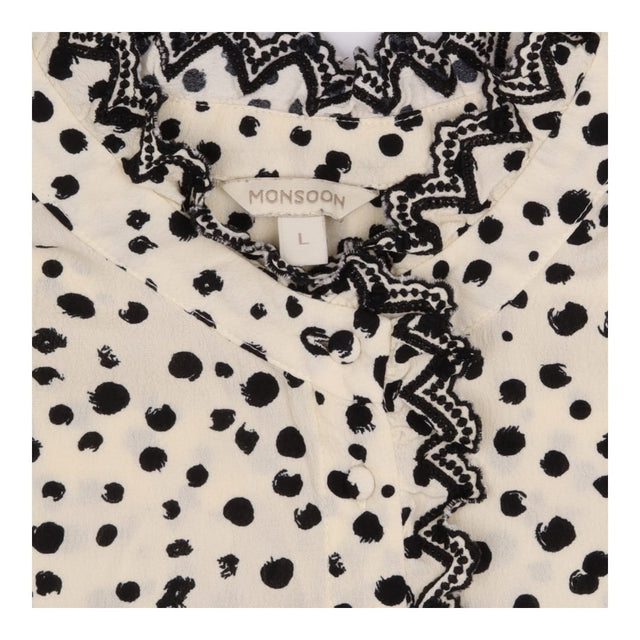Blouse Cream Black Spot Lace Trim Long Sleeve