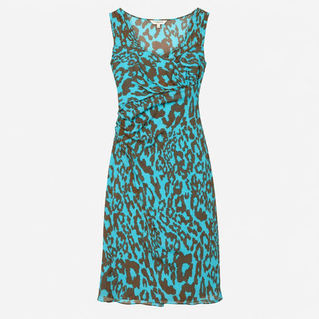 Turquoise Blue Brown 100% Silk Animal Print Ruched