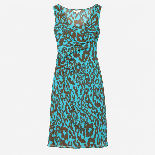 Turquoise Blue Brown 100% Silk Animal Print Ruched