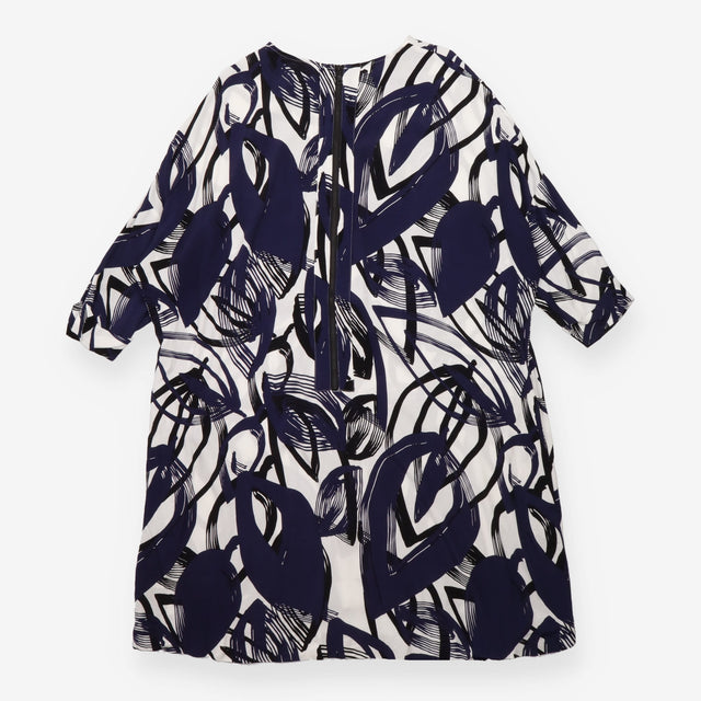 Midi Dress Navy Ivory Abstract Print Relaxed Fit