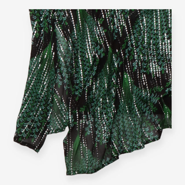 Midi Dress Black Green Peacock Print Draped Waist