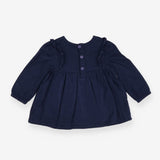 Dress Long Sleeved Navy Gingham Flower Applique