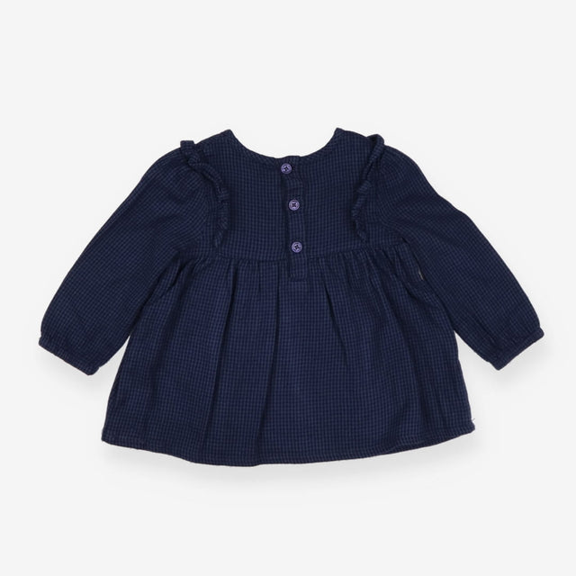 Dress Long Sleeved Navy Gingham Flower Applique