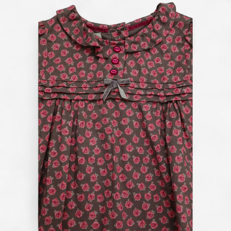 Blouse Woven Brown with Pink Roses and Buttons