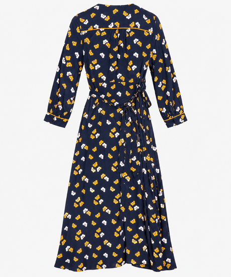 Floral Print V-Neck Wrap Long Sleeve Woven Midi Dr