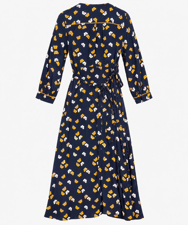 Floral Print V-Neck Wrap Long Sleeve Woven Midi Dr
