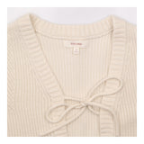 Vest Cream Ribbed Knit V-Neck Tie Front Sleeveless