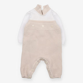 Collared Knit Romper White and Beige