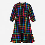Check Tiered Midi Dress Black Collarless Multicolo