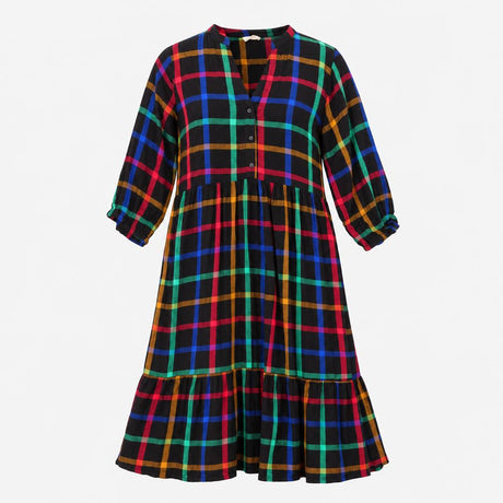 Check Tiered Midi Dress Black Collarless Multicolo