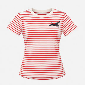 Red and White Striped Bird Embroidered Short Sleev
