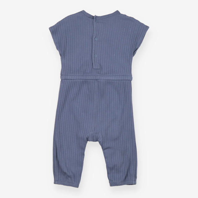 Blue Ribbed Romper Cloud Stitching