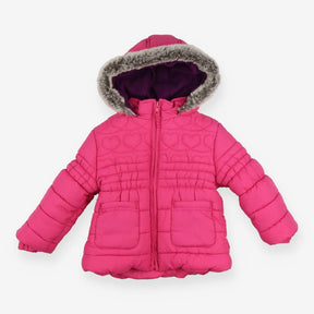 pink puffer coat with fur hood