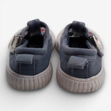 Blue slip on shoes, white sole strawberries