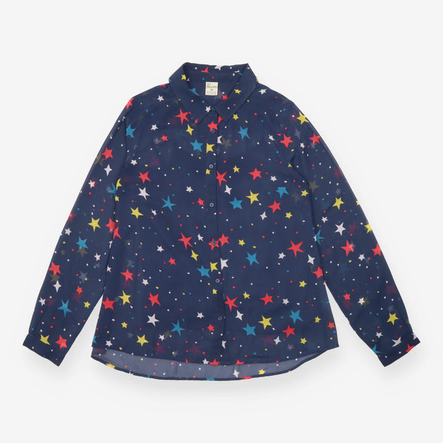 Shirt Blouse Navy Celestial Star Print Button Down