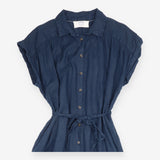 Shirt Dress Navy Blue Pure Linen Belted Button Fro