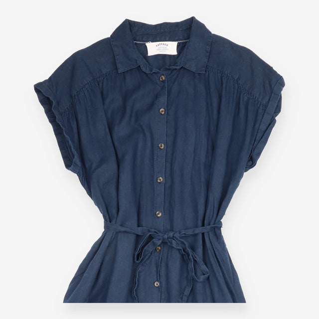 Shirt Dress Navy Blue Pure Linen Belted Button Fro