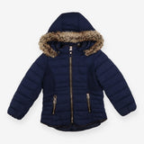 Coat padded navy with fur lined hood