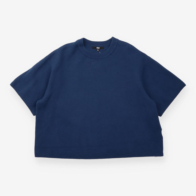Navy Blue Cropped Short Sleeve Knit Sweater