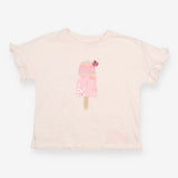 T-Shirt Short Sleeve White Sequin Ice Cream Appliq