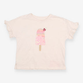 T-Shirt Short Sleeve White Sequin Ice Cream Appliq