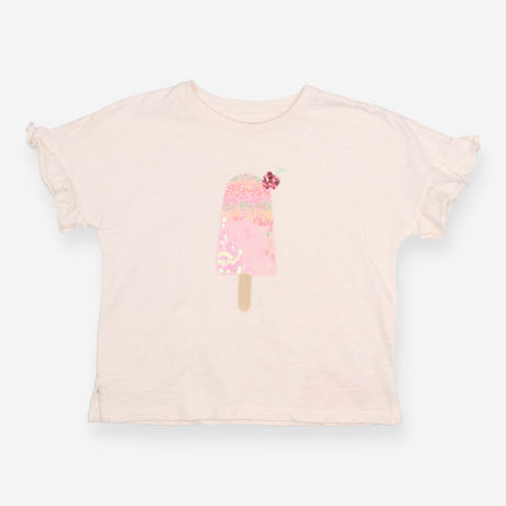 T-Shirt Short Sleeve White Sequin Ice Cream Appliq