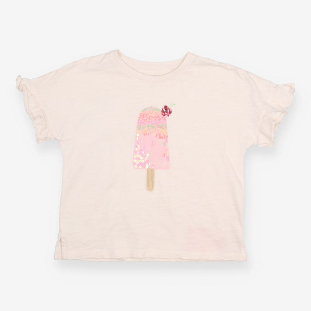 T-Shirt Short Sleeve White Sequin Ice Cream Appliq