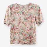 Floral Pink Sage Ochre Tee Cuffed Sleeve Button Ba