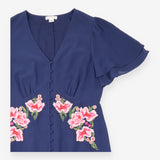 Navy Floral Embroidered Button-Front Midi Dress