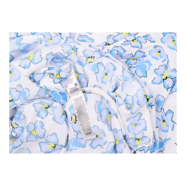 Blouse White Blue Floral Print V Neck Short Sleeve