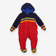 Pramsuit red and navy with rainbow stripes 