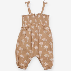 Sand woven romper smocked with palm trees