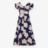 Maxi Dress Navy Floral Wrap Flutter Sleeve