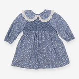 Dress blue smocked collared white flowers