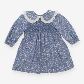 Dress blue smocked collared white flowers