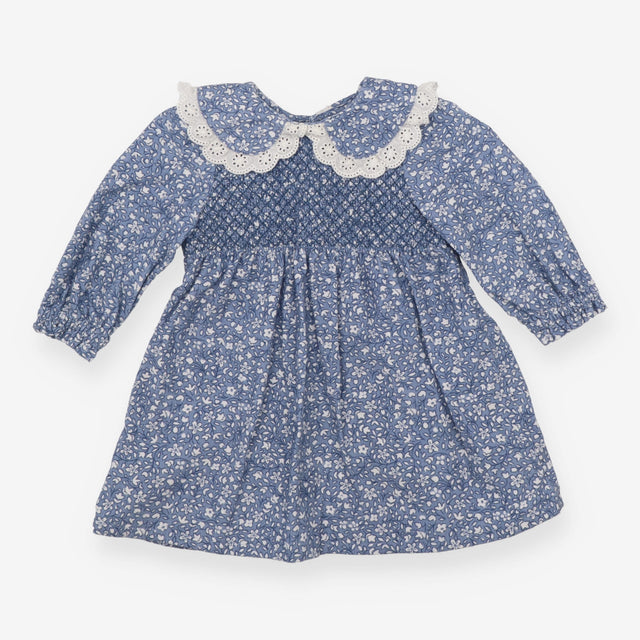 Dress blue smocked collared white flowers