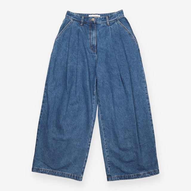 Jeans Mid Blue Pleated Wide Leg Cotton Denim
