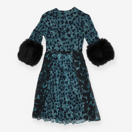Prorsum Teal Printed Fur Trimmed Dress