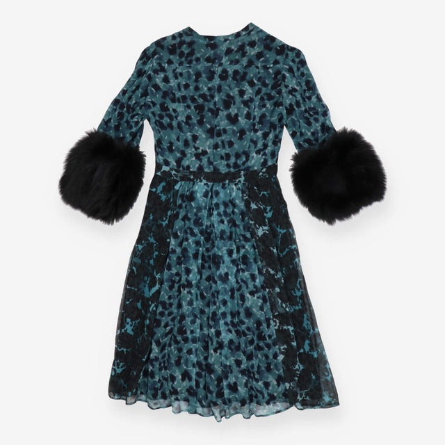 Prorsum Teal Printed Fur Trimmed Dress