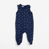 Navy paper boat print romper with feet
