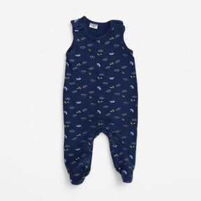 Navy paper boat print romper with feet