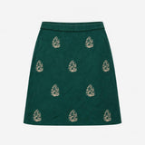 Dark Green Pinecone Embroidered Cotton A-Line Mini