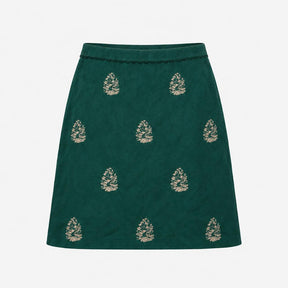 Dark Green Pinecone Embroidered Cotton A-Line Mini