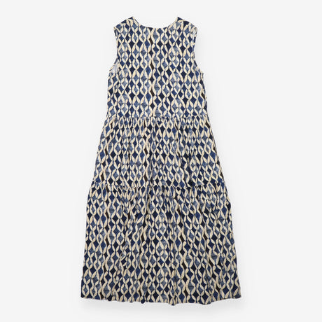 Maxi Dress Navy Cream Abstract Print Tiered Sleeve
