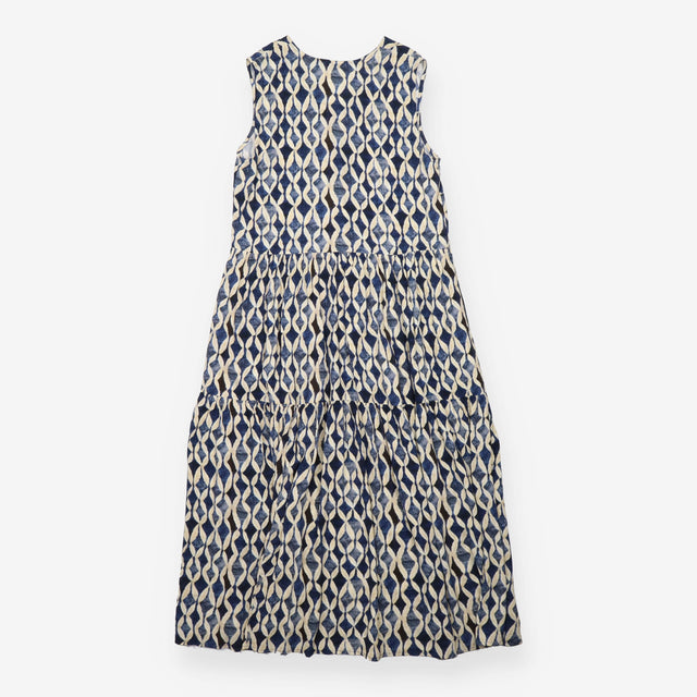 Maxi Dress Navy Cream Abstract Print Tiered Sleeve
