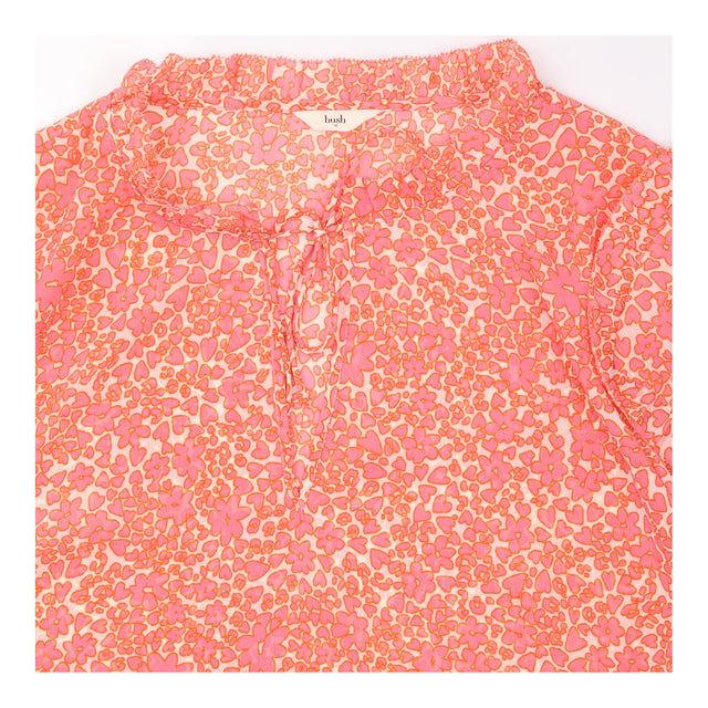 Floral Blouse Coral Pink Ruffle Long Sleeve Tie Ne