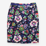 Pencil Skirt Floral Print Cotton Stretch Navy